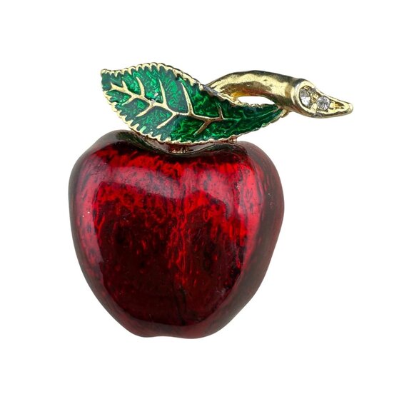Vintage Apple Brooch Pin Gold Tone With Green Leaf & Rhinestones Red Enamel Jewe - Picture 1 of 5